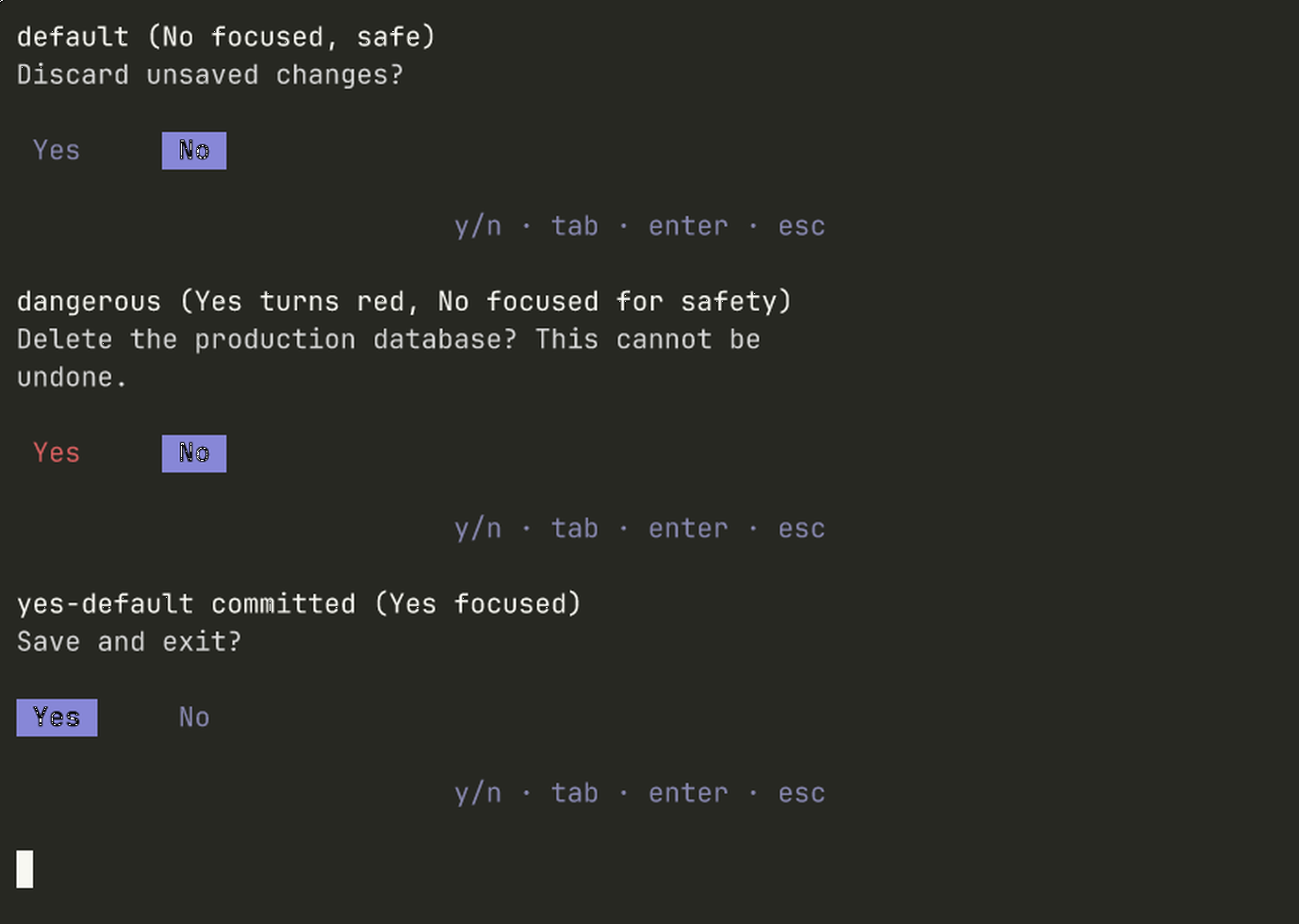 Terminal preview of the confirmation component.
