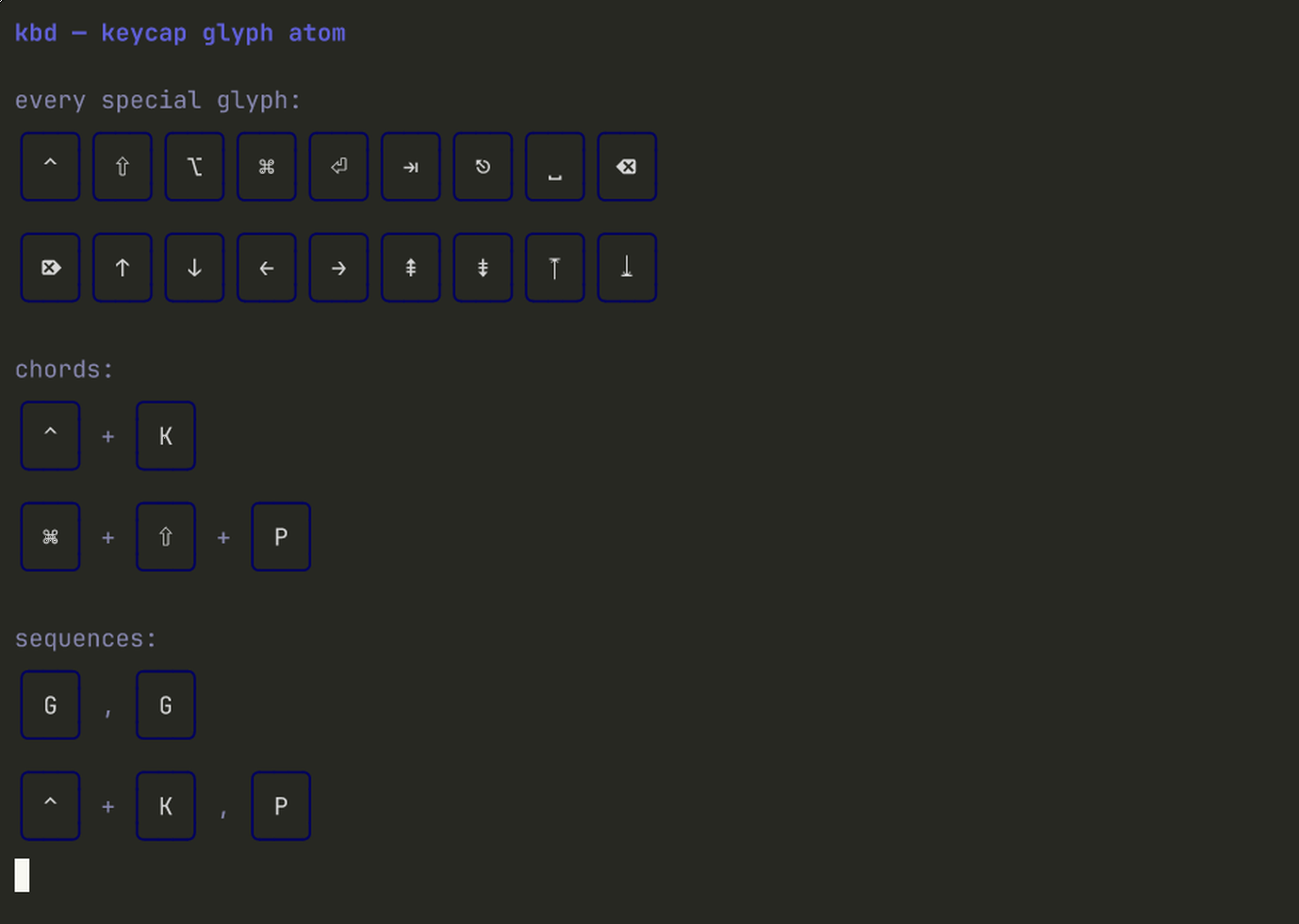 Terminal preview of the kbd component.